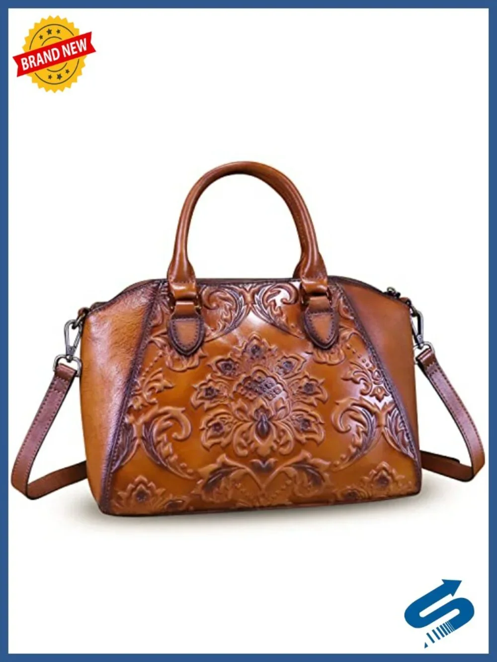 Genuine Leather Embossed Hobo Satchel Crossbody Bag with Adjustable Strap